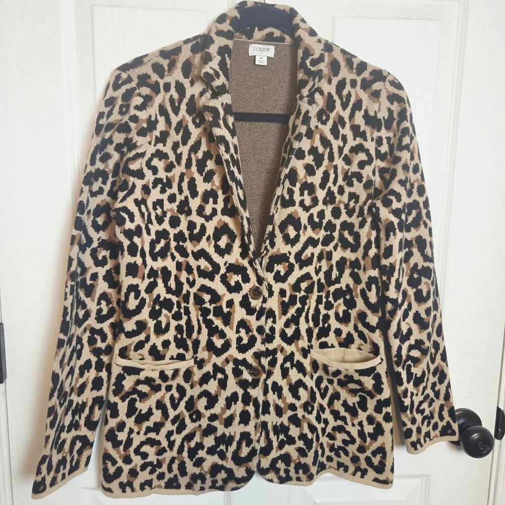 J.Crew Cardigan Sweater Womens M Brown Leopard Animal Print Collared Knit